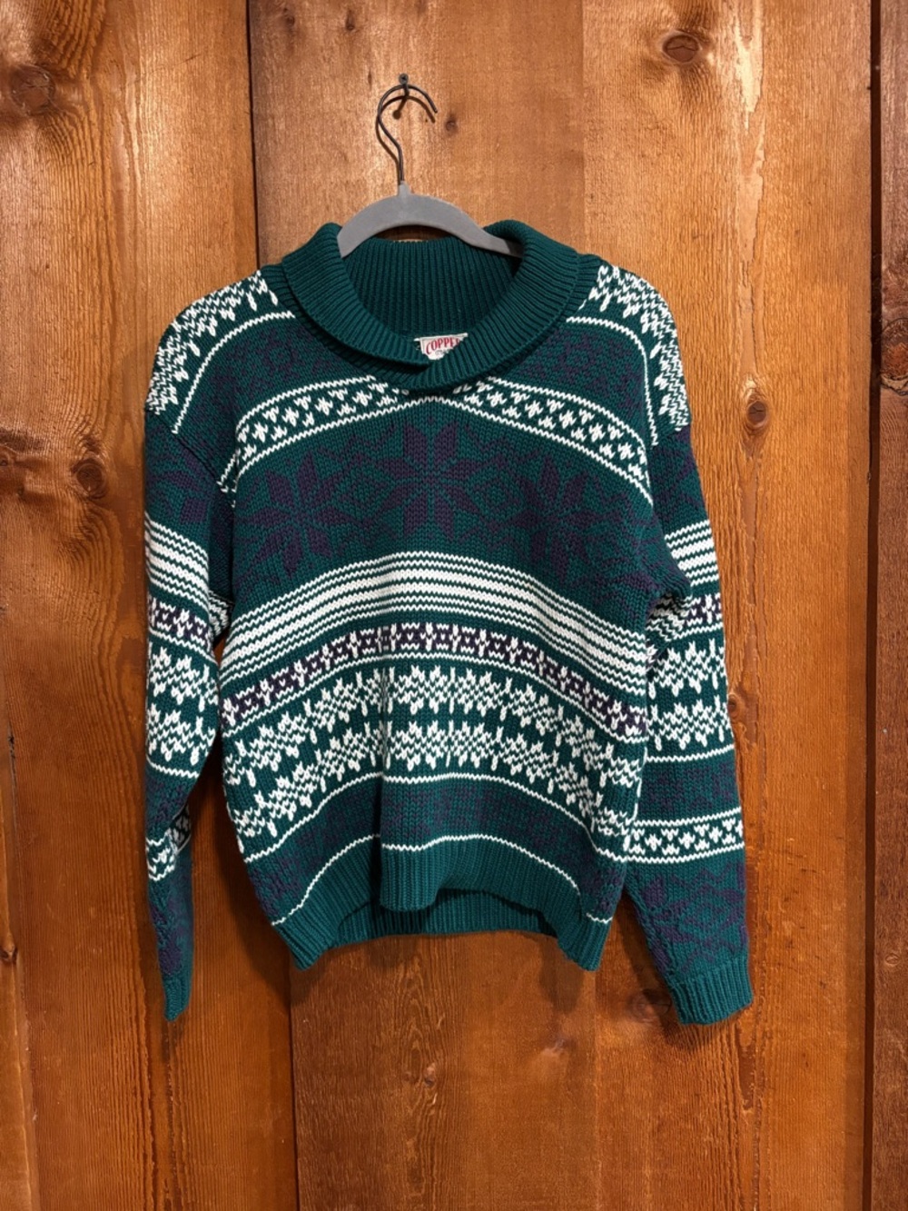 Vintage Copper Key 100% Cotton Fair Isle Roll Neck Knit Sweater Green M HK
